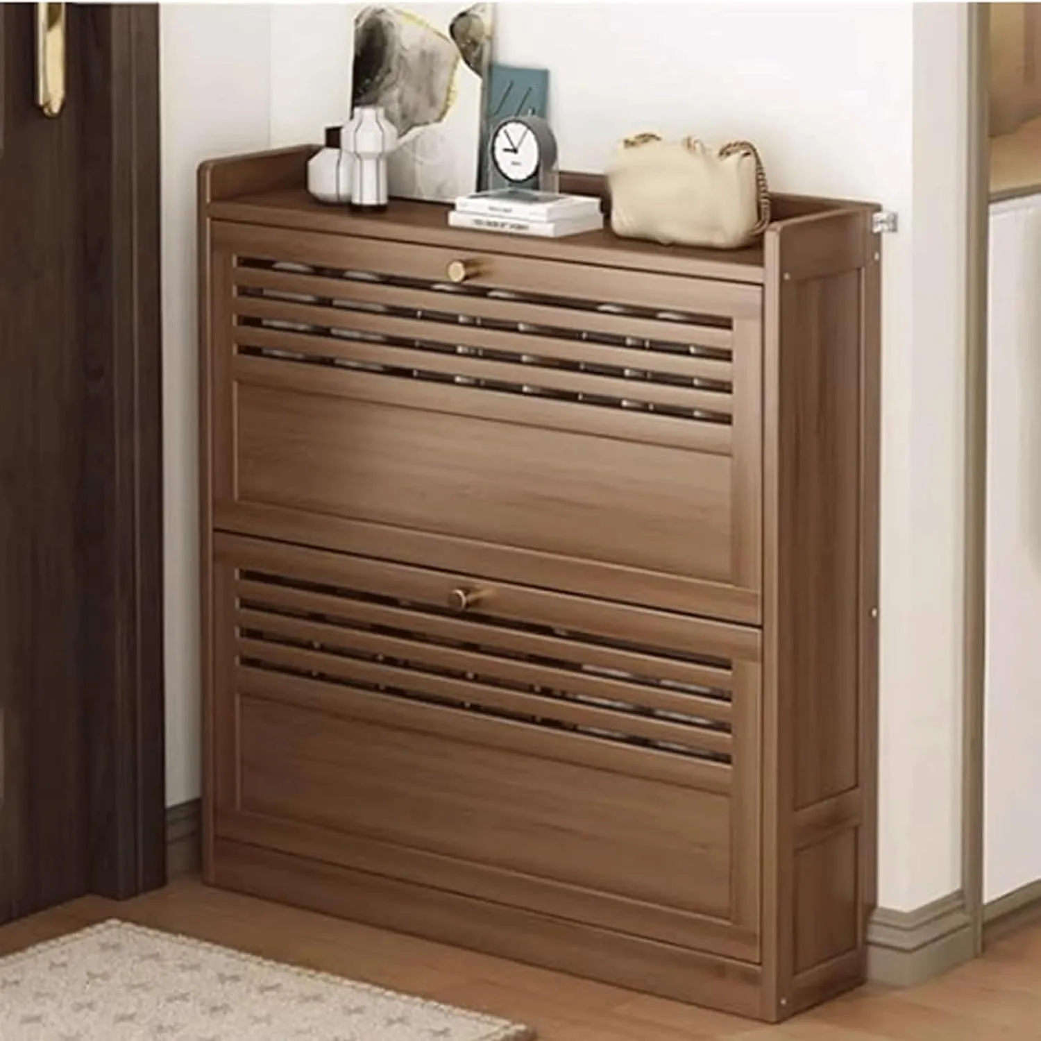 Shoe Storage Cabinet Slim Shoe Cabinet,Freestanding Shoe Rack,Storage Cabinet for Sneakers/Sandals/Slippers,Space-Saving Wooden Shoe Shelf Shoe Organizer,2,Layer
