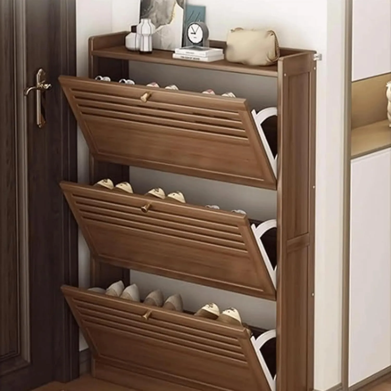 Shoe Storage Cabinet Slim Shoe Cabinet,Freestanding Shoe Rack,Storage Cabinet for Sneakers/Sandals/Slippers,Space-Saving Wooden Shoe Shelf Shoe Organizer,2,Layer