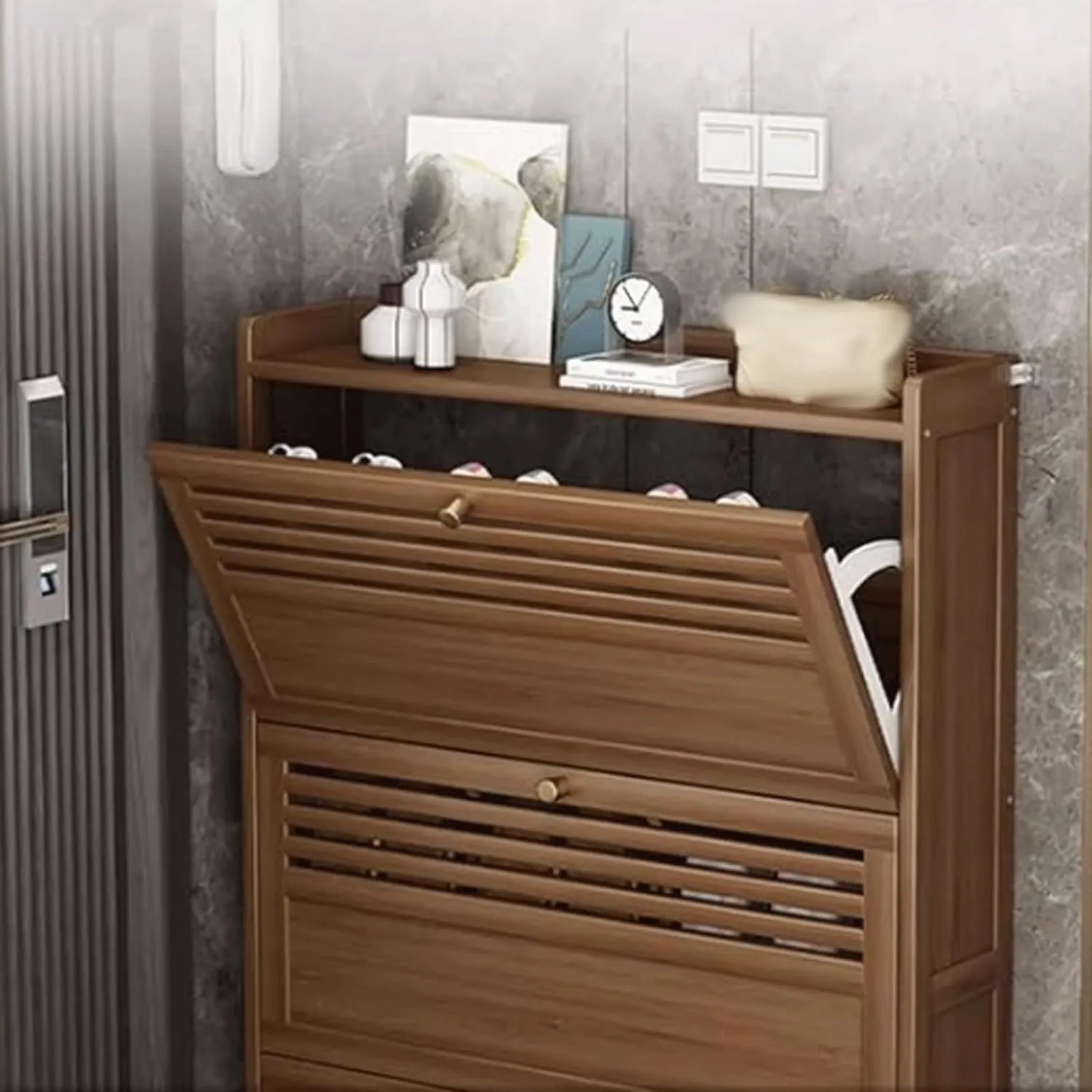 Shoe Storage Cabinet Slim Shoe Cabinet,Freestanding Shoe Rack,Storage Cabinet for Sneakers/Sandals/Slippers,Space-Saving Wooden Shoe Shelf Shoe Organizer,2,Layer