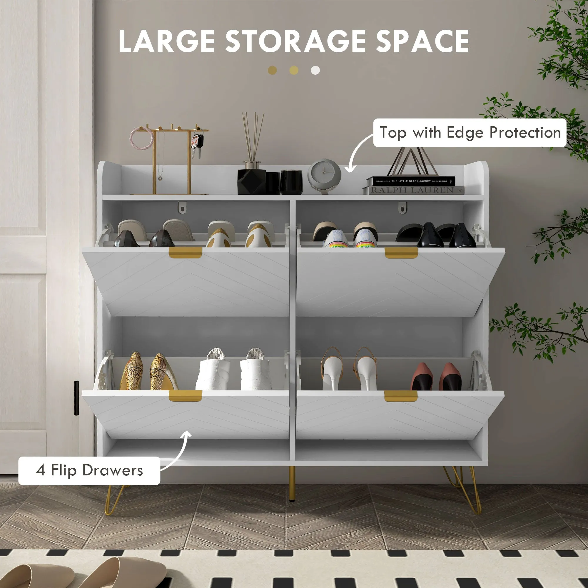 Shoe Storage Cabinet with 4 Flip Drawers Adjustable Shelf 16 Pairs of Shoes Cabinet White