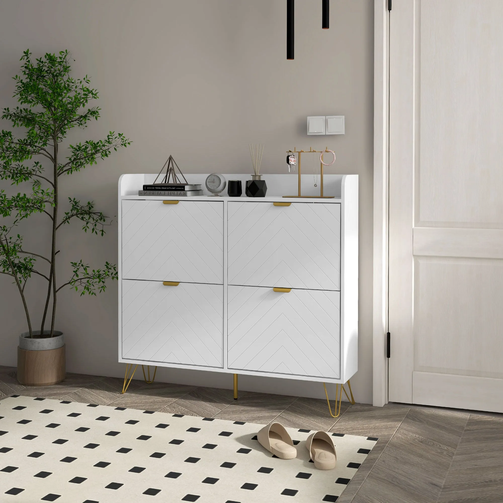 Shoe Storage Cabinet with 4 Flip Drawers Adjustable Shelf 16 Pairs of Shoes Cabinet White