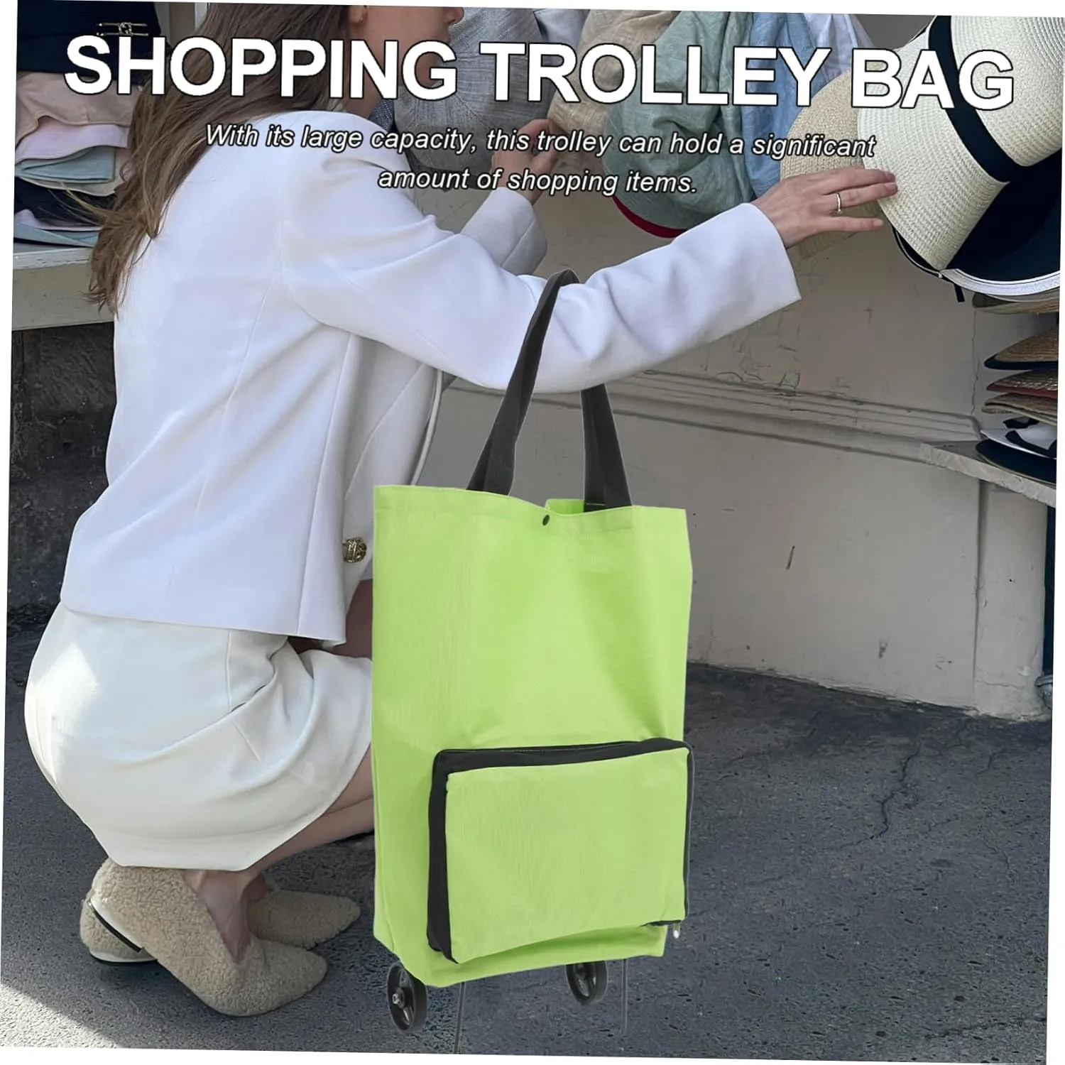 Shopping Trolley Wagons Carts Foldable Tote Bag Shopping Bags Portable Grocery Bag on Wheels Shopping Bag on Wheels Shopping Bag with Wheels Beach Wheels Light Green Oxford Cloth