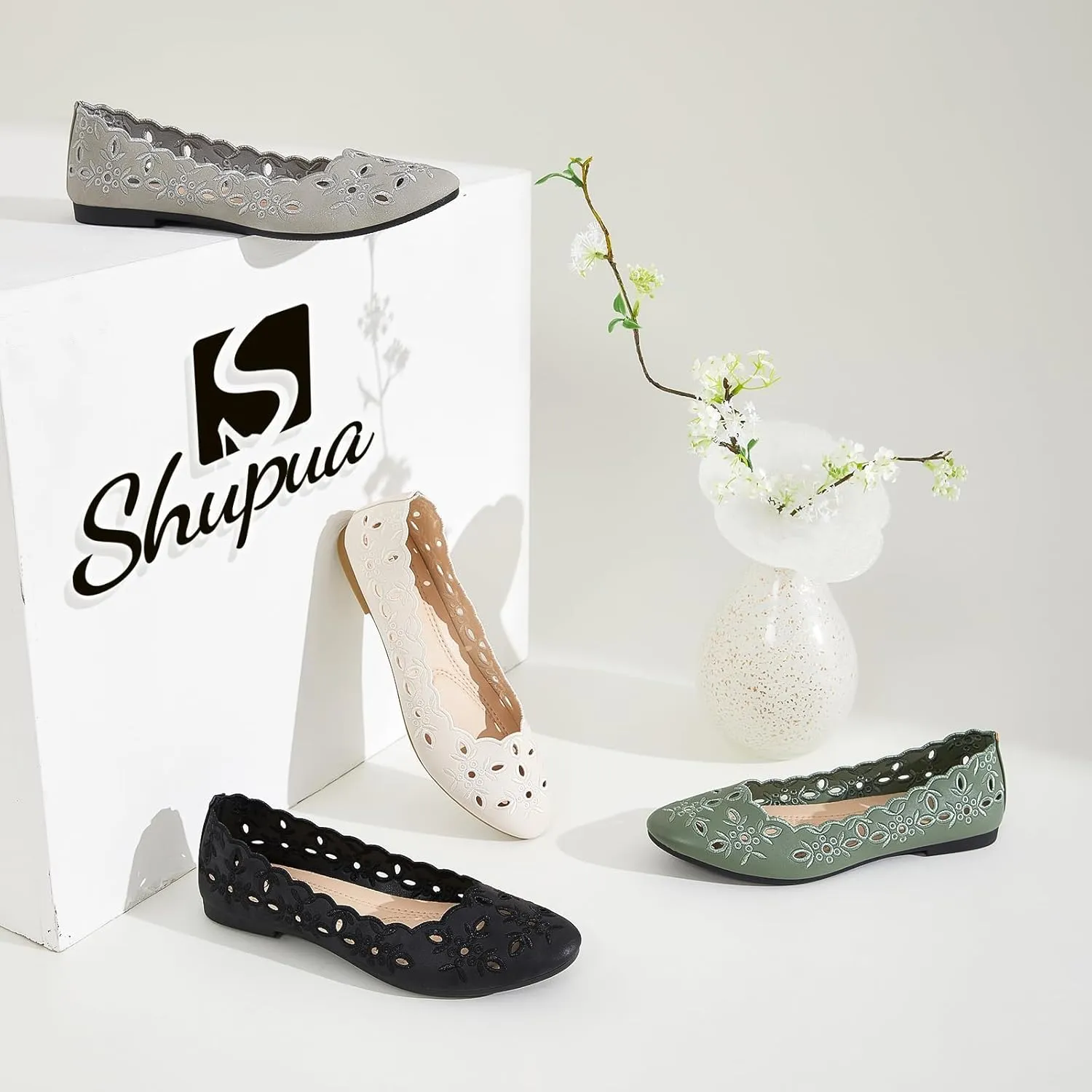 Shupua Women's Comfortable Dress Shoes Ballet Flats Slip On Shoes Black Flats Round Toe PU Leather Flats Summer with Floral Eyelets