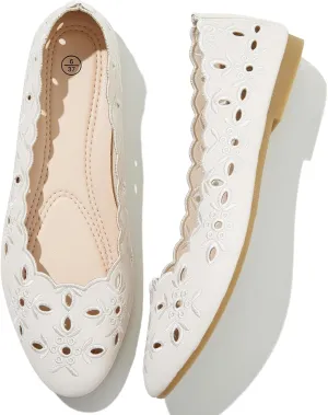 Shupua Women's Comfortable Dress Shoes Ballet Flats Slip On Shoes Black Flats Round Toe PU Leather Flats Summer with Floral Eyelets