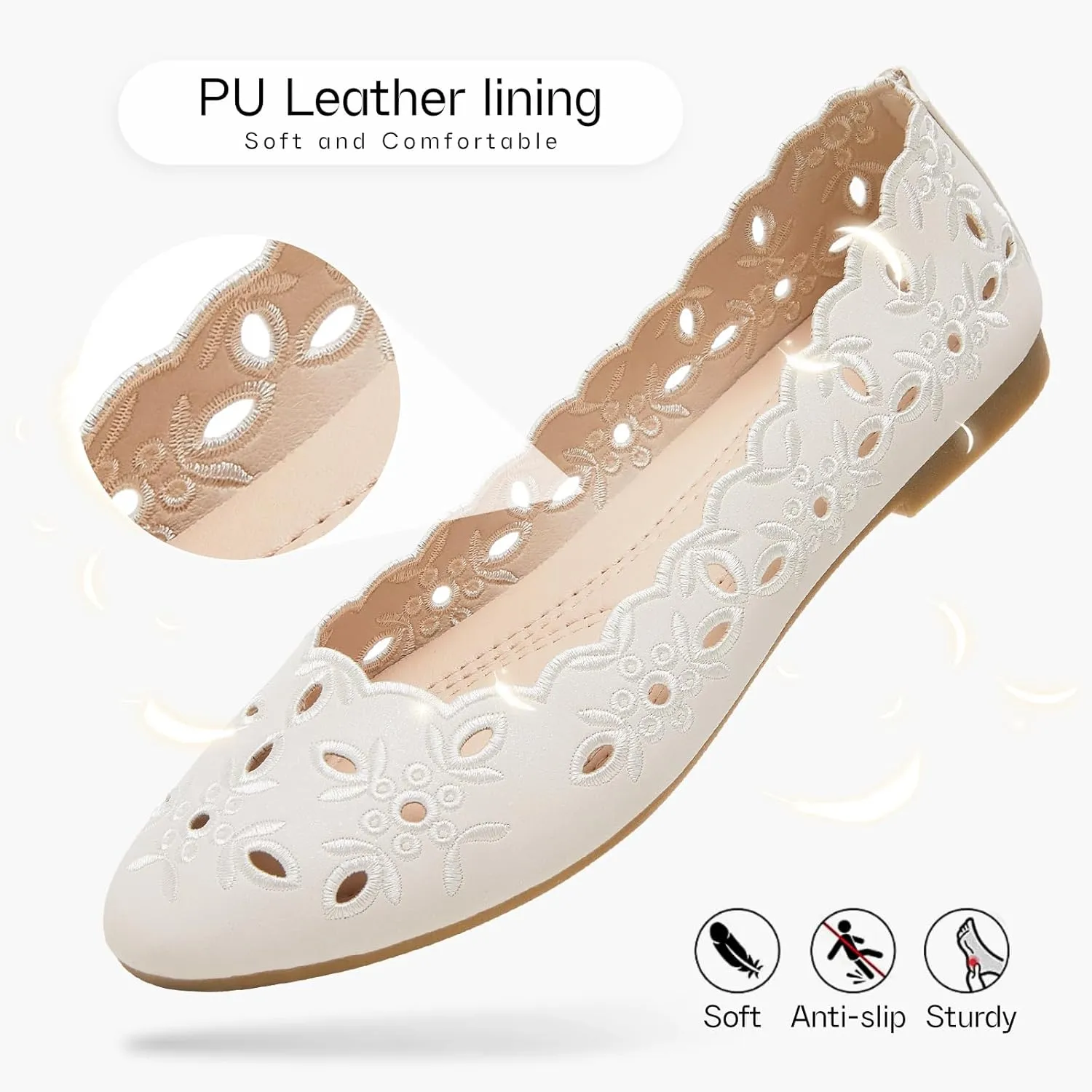 Shupua Women's Comfortable Dress Shoes Ballet Flats Slip On Shoes Black Flats Round Toe PU Leather Flats Summer with Floral Eyelets