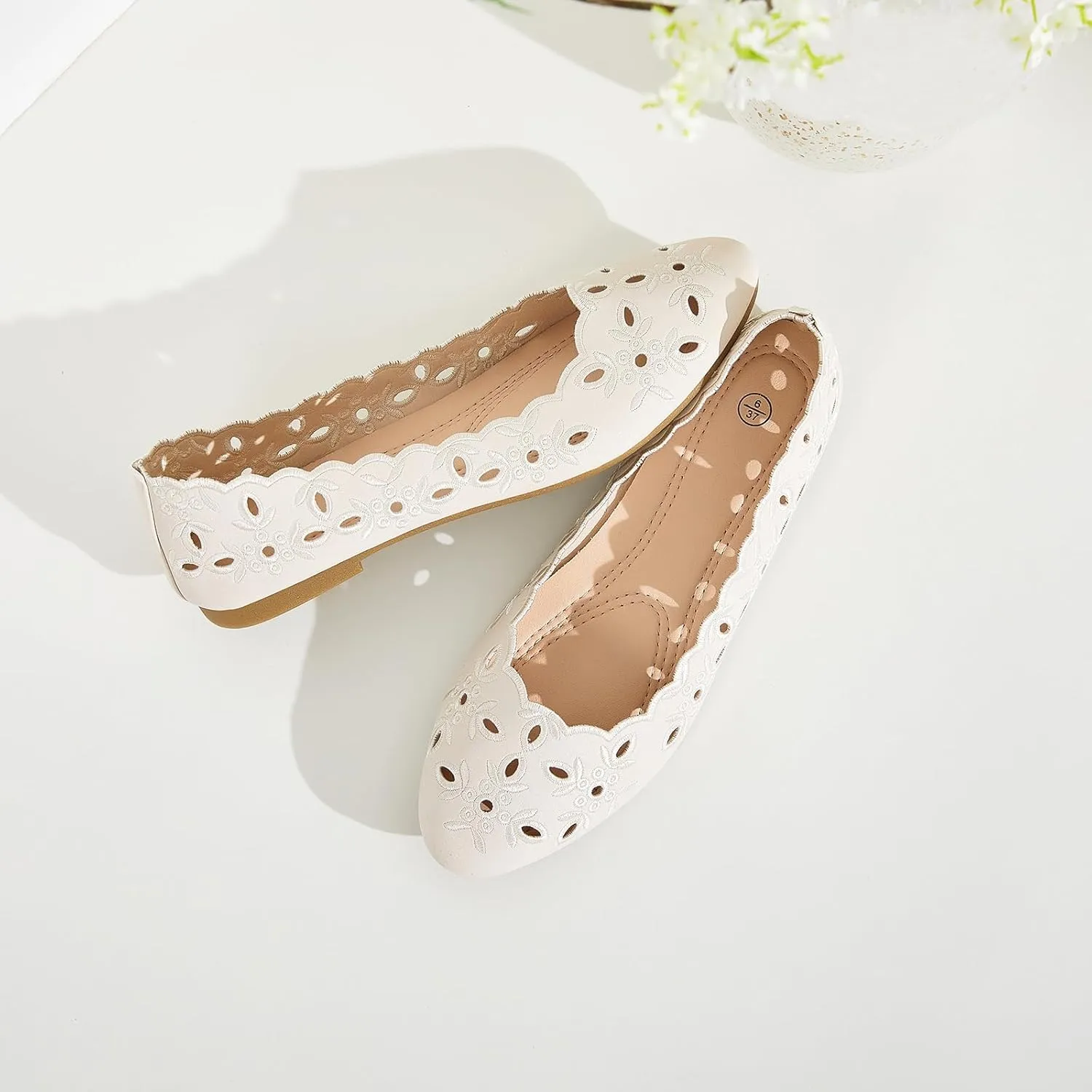 Shupua Women's Comfortable Dress Shoes Ballet Flats Slip On Shoes Black Flats Round Toe PU Leather Flats Summer with Floral Eyelets