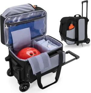 Single Ball Roller Bowling Bag with Wheels and Retractable Handle Extends to 35.4 Inches, Single Bowling Ball Bag with Shoe Compartment and Multiple Accessory Pockets, Black and Gray