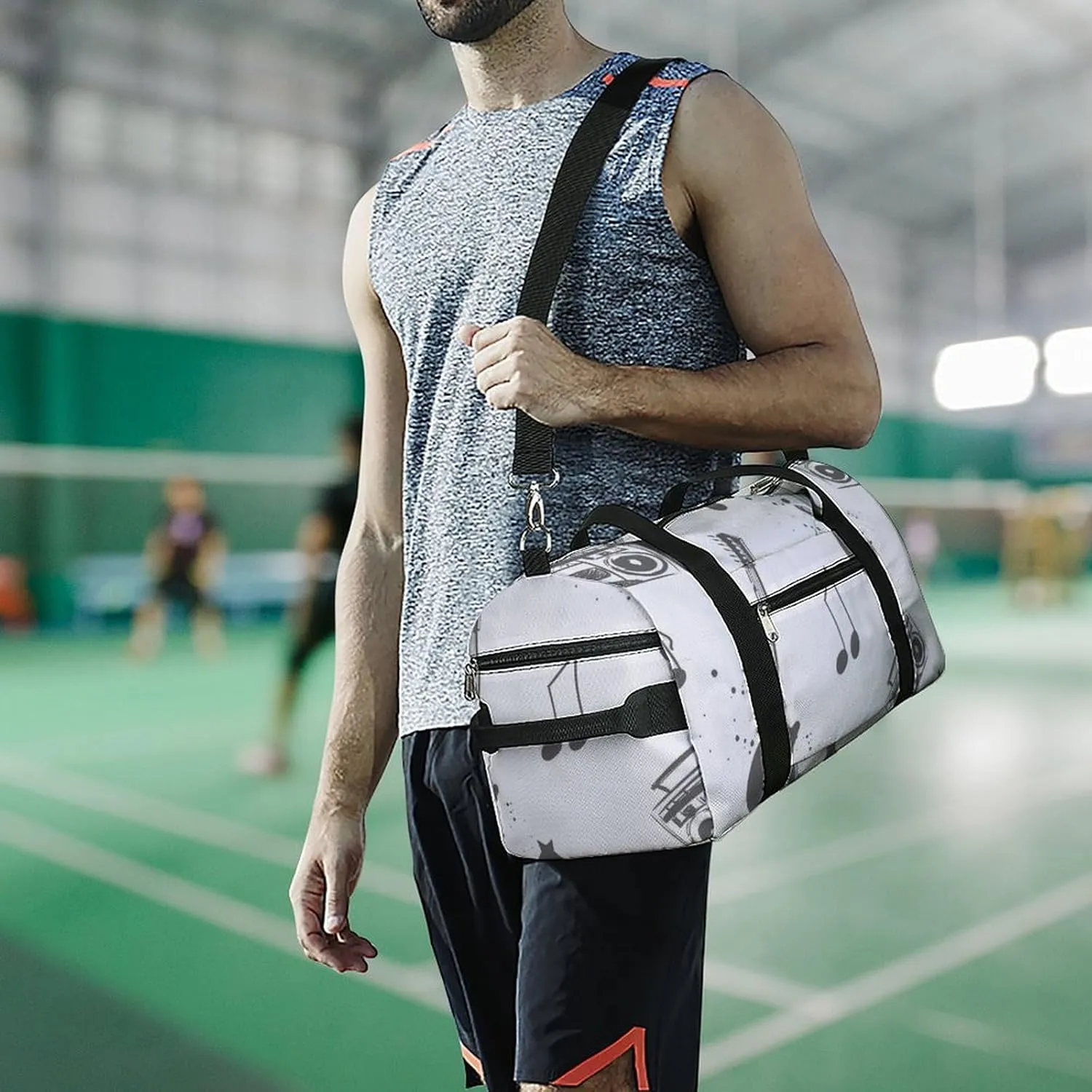 Sketch Style Electro Guitar Fitness Large Gym Bag for Unisex with Shoe Compartment & Wet Pocket
