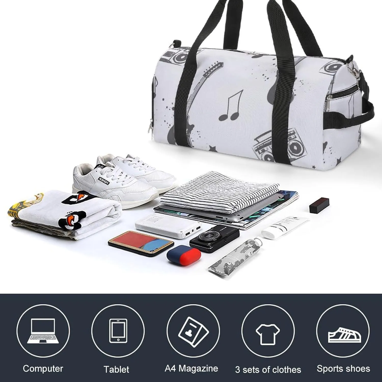 Sketch Style Electro Guitar Fitness Large Gym Bag for Unisex with Shoe Compartment & Wet Pocket