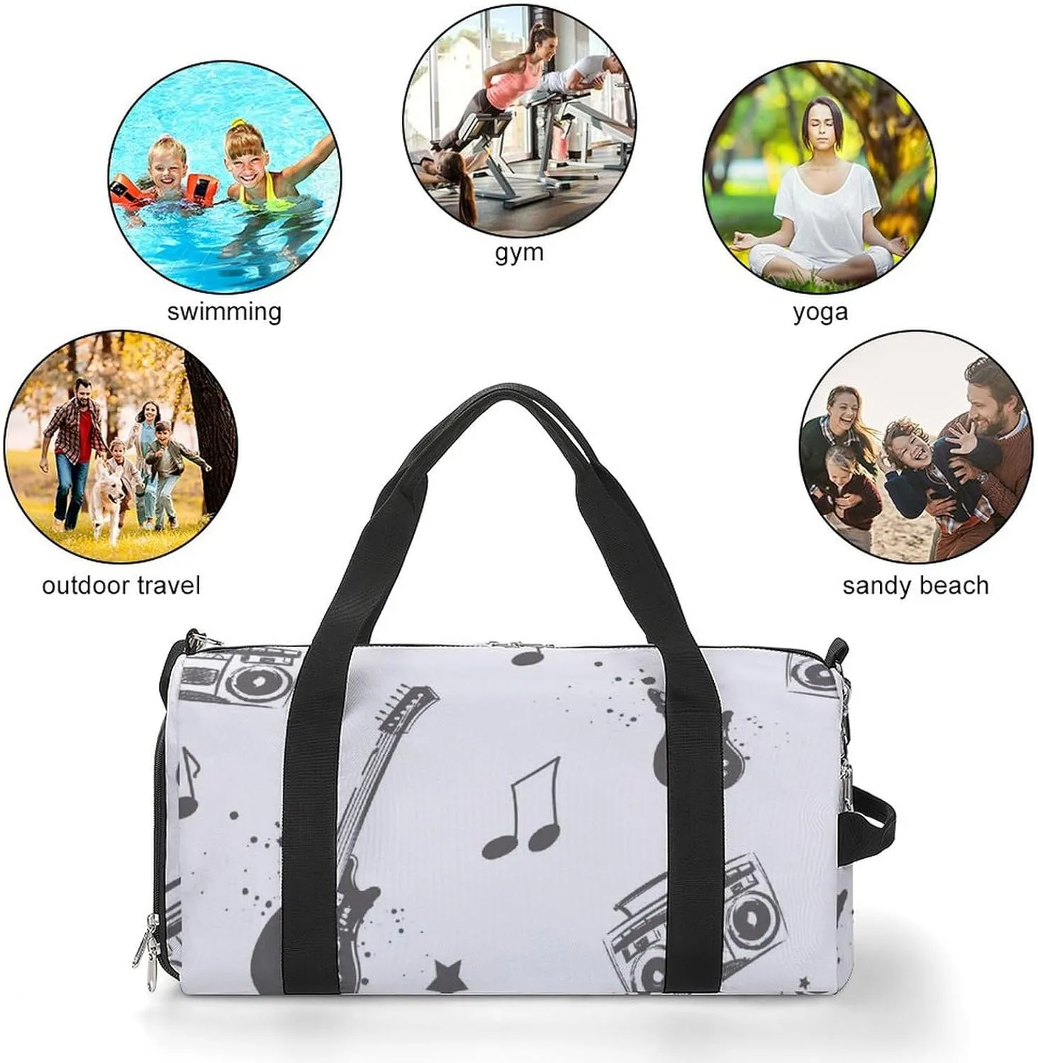 Sketch Style Electro Guitar Fitness Large Gym Bag for Unisex with Shoe Compartment & Wet Pocket