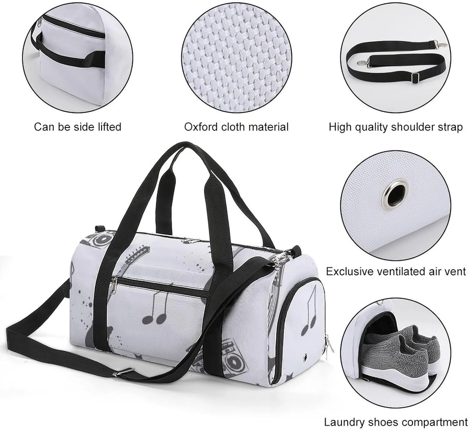 Sketch Style Electro Guitar Fitness Large Gym Bag for Unisex with Shoe Compartment & Wet Pocket