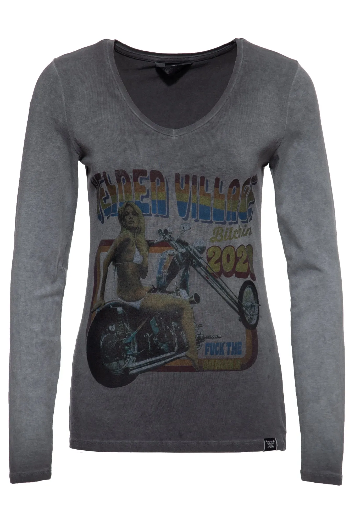 Slim Fit Longsleeve mit Retro-Print und Oilwash-Effekt «Velden Village 2020»