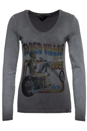 Slim Fit Longsleeve mit Retro-Print und Oilwash-Effekt «Velden Village 2020»