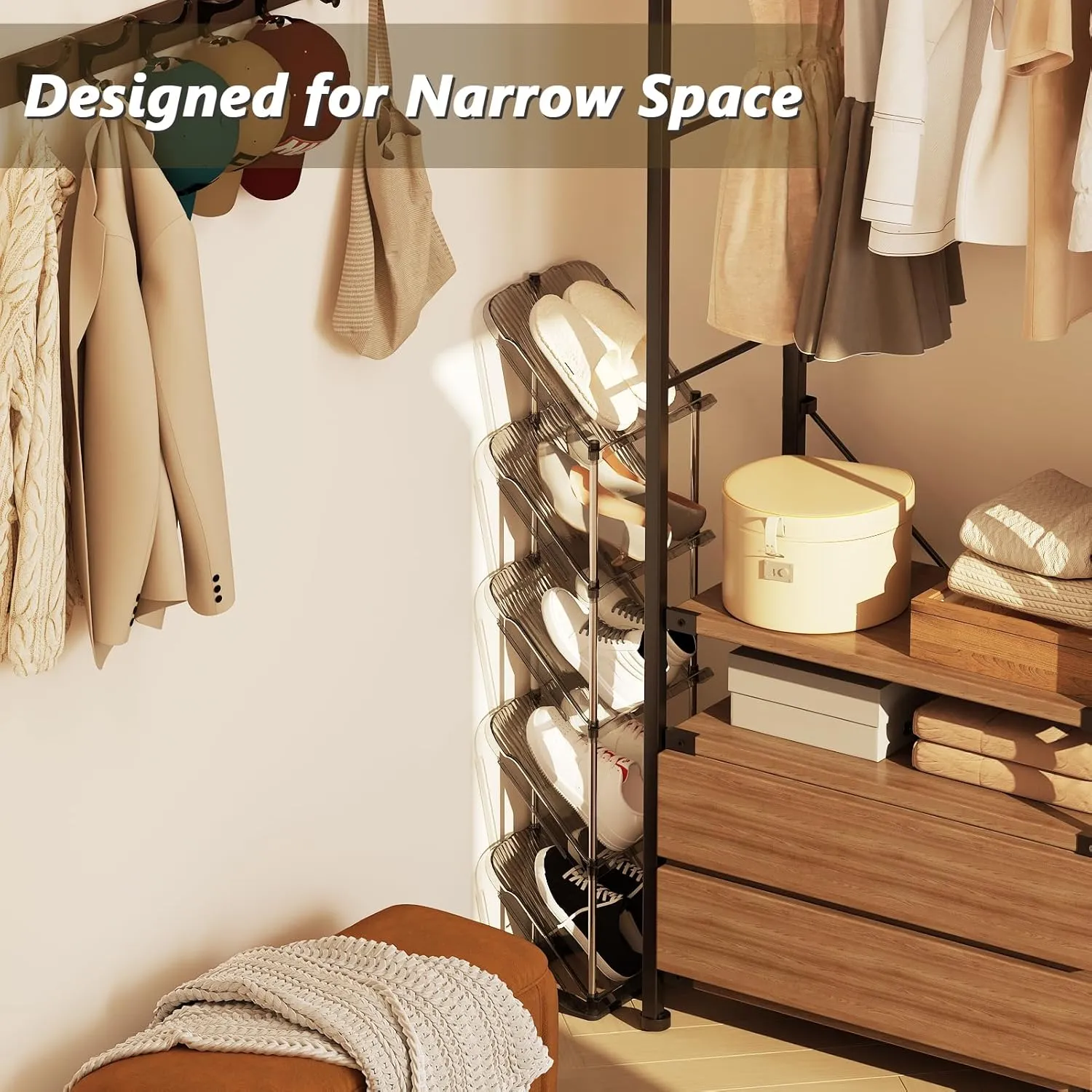Sloping Narrow Shoe Rack 5 Tiers - Free Standing Vertical Shoes Racks for Small Spaces and Corner, Shoe Storage Organizer for Entryway, Tall Slim Shoe Shelf Cabinet for Shoes and Boots