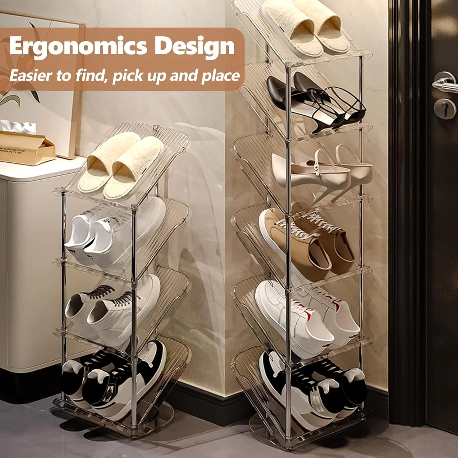 Sloping Narrow Shoe Rack 5 Tiers - Free Standing Vertical Shoes Racks for Small Spaces and Corner, Shoe Storage Organizer for Entryway, Tall Slim Shoe Shelf Cabinet for Shoes and Boots