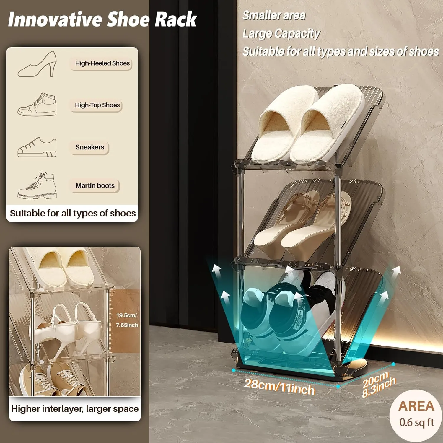Sloping Narrow Shoe Rack 5 Tiers - Free Standing Vertical Shoes Racks for Small Spaces and Corner, Shoe Storage Organizer for Entryway, Tall Slim Shoe Shelf Cabinet for Shoes and Boots
