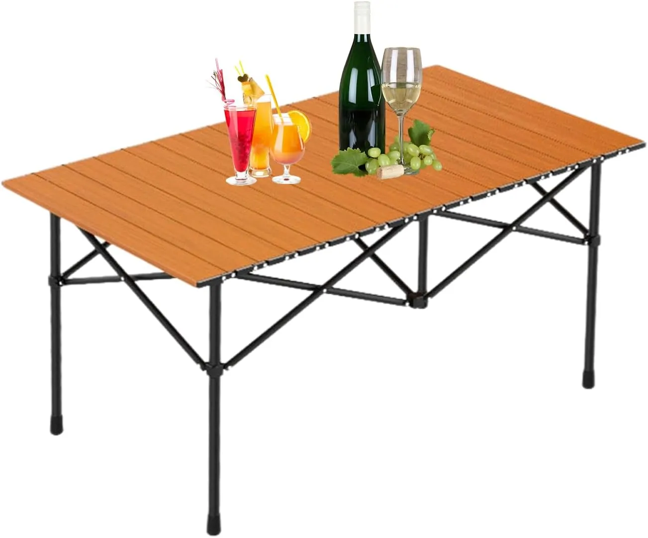 Small Camping Table, Foldable Beach Table with Aluminum Top, Portable Design for Outdoor Picnic, BBQ, Cooking, and Festivals with Carrying Bag Wood Color 120×55×50cm/47×21×19.7in