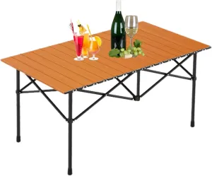 Small Camping Table, Foldable Beach Table with Aluminum Top, Portable Design for Outdoor Picnic, BBQ, Cooking, and Festivals with Carrying Bag Wood Color 120×55×50cm/47×21×19.7in
