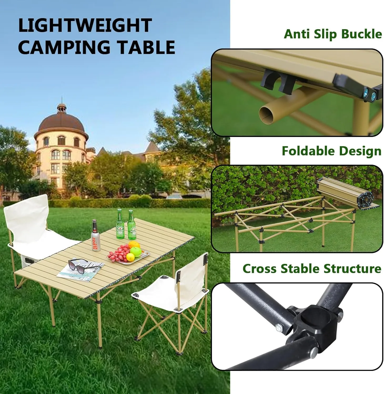Small Camping Table, Foldable Beach Table with Aluminum Top, Portable Design for Outdoor Picnic, BBQ, Cooking, and Festivals with Carrying Bag Wood Color 120×55×50cm/47×21×19.7in