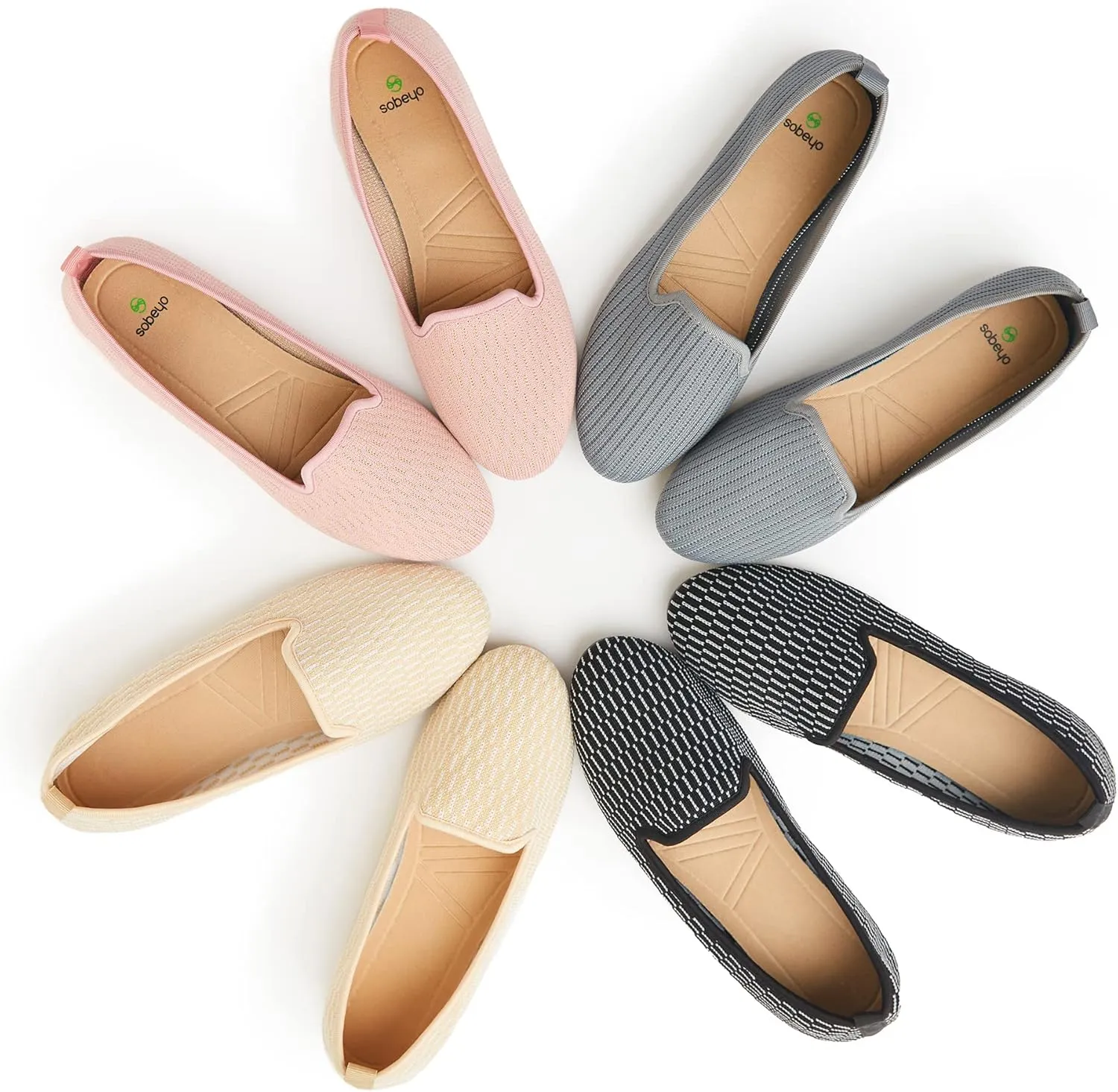 SOBEYO Ballet Flats Comfort Soft-Sole Breathable Sweater Fabric Lightweight Round Toe Shoes