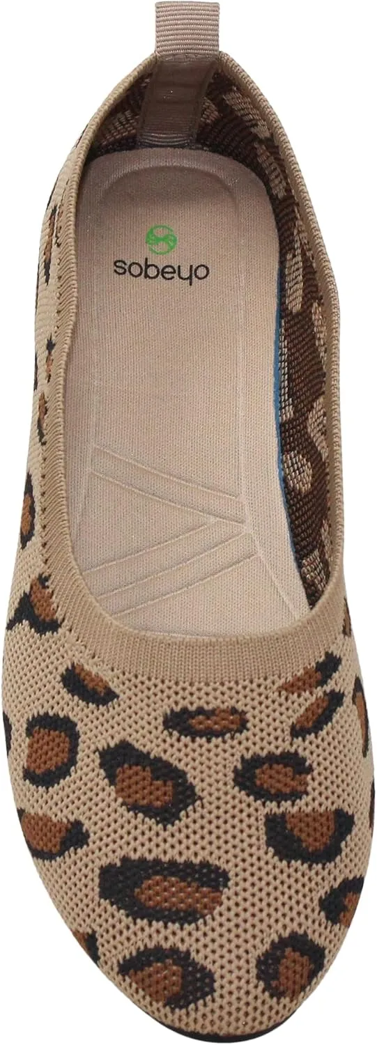 SOBEYO Ballet Flats Comfort Soft-Sole Breathable Sweater Fabric Lightweight Round Toe Shoes