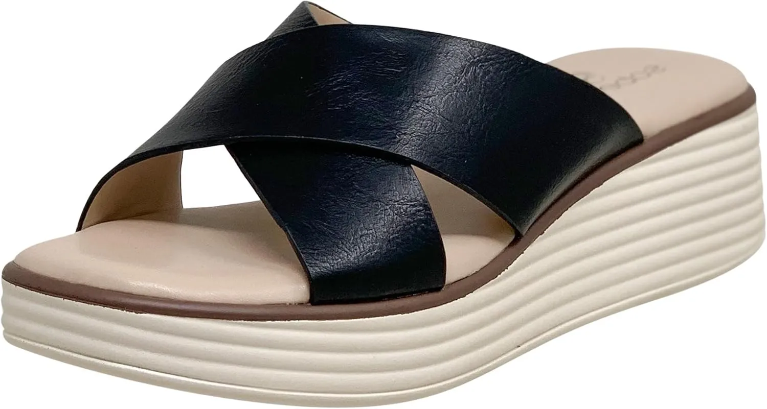 SOBEYO Women's Criss Cross Platform Sandals Striped Sole Accent Cushioned Slip On Slides