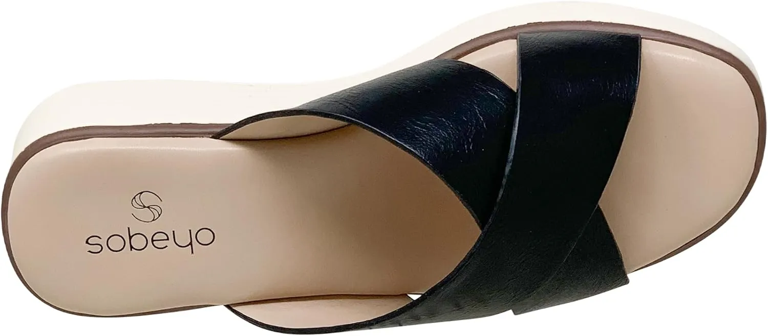 SOBEYO Women's Criss Cross Platform Sandals Striped Sole Accent Cushioned Slip On Slides