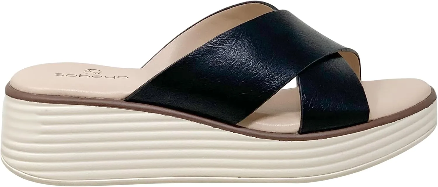 SOBEYO Women's Criss Cross Platform Sandals Striped Sole Accent Cushioned Slip On Slides