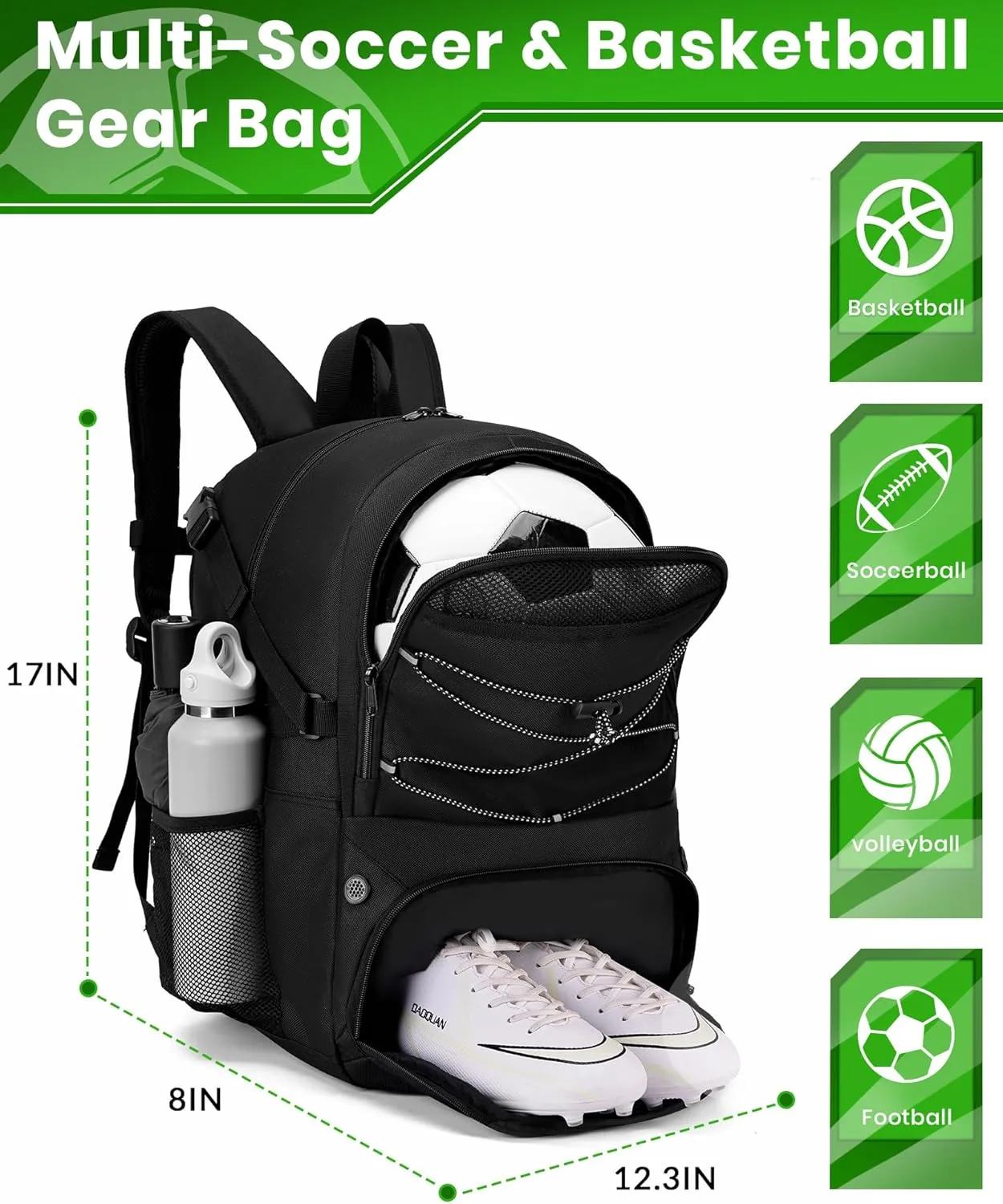 Soccer Backpack with Ball Holder &Soccer bag With Shoe Compartment, Water-Resistant Sports Bag for Soccer, Basketball, Football, Volleyball
