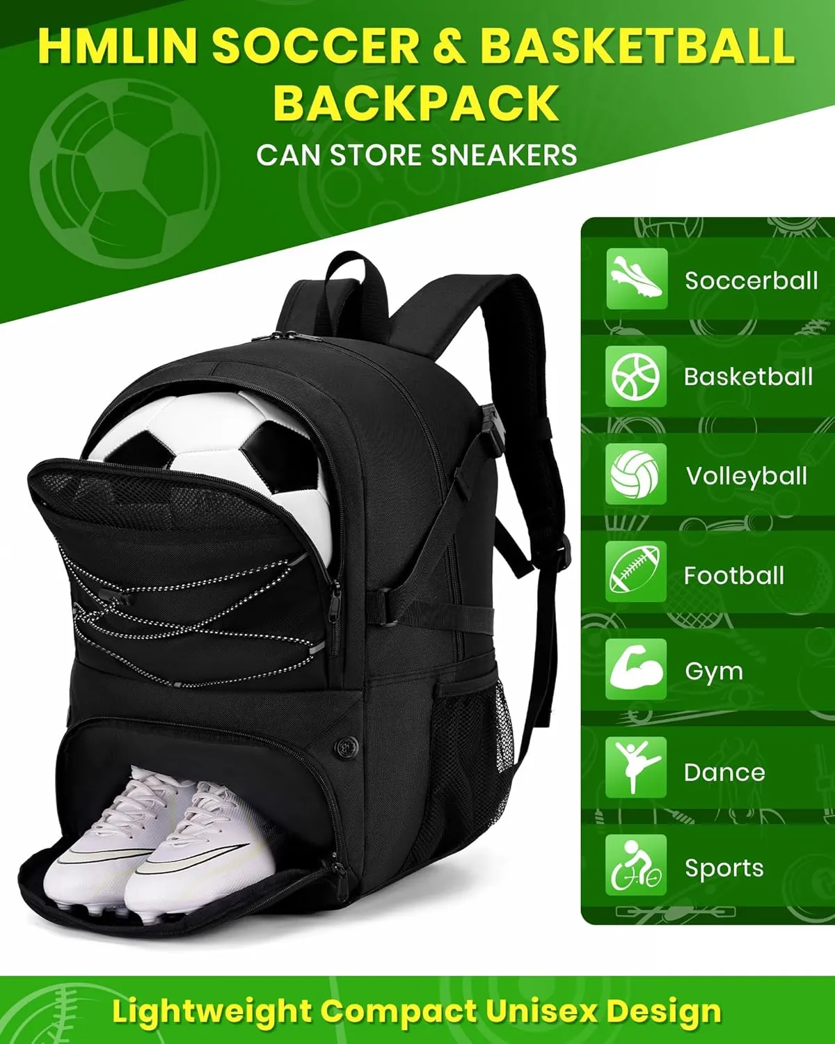 Soccer Backpack with Ball Holder &Soccer bag With Shoe Compartment, Water-Resistant Sports Bag for Soccer, Basketball, Football, Volleyball