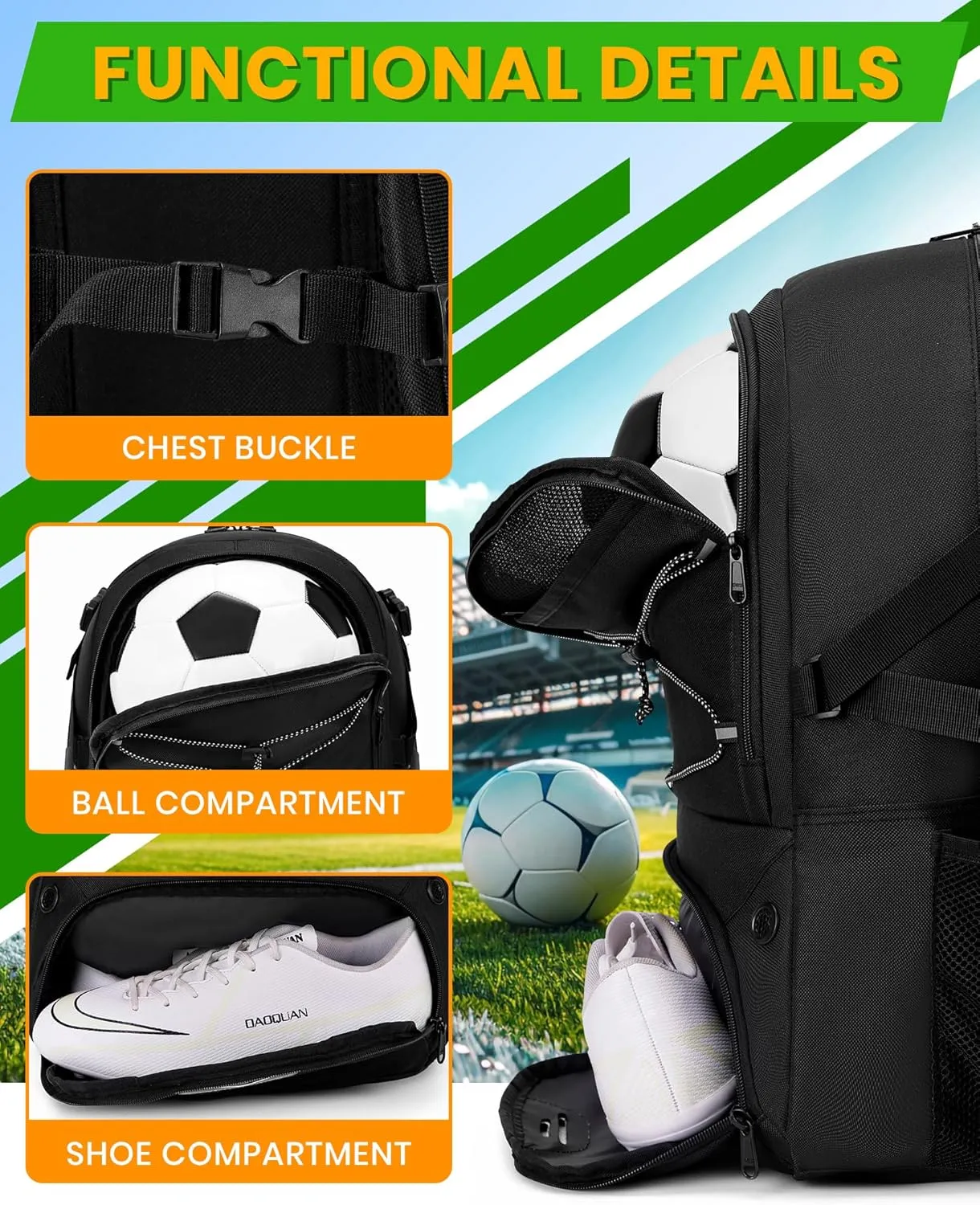 Soccer Backpack with Ball Holder &Soccer bag With Shoe Compartment, Water-Resistant Sports Bag for Soccer, Basketball, Football, Volleyball