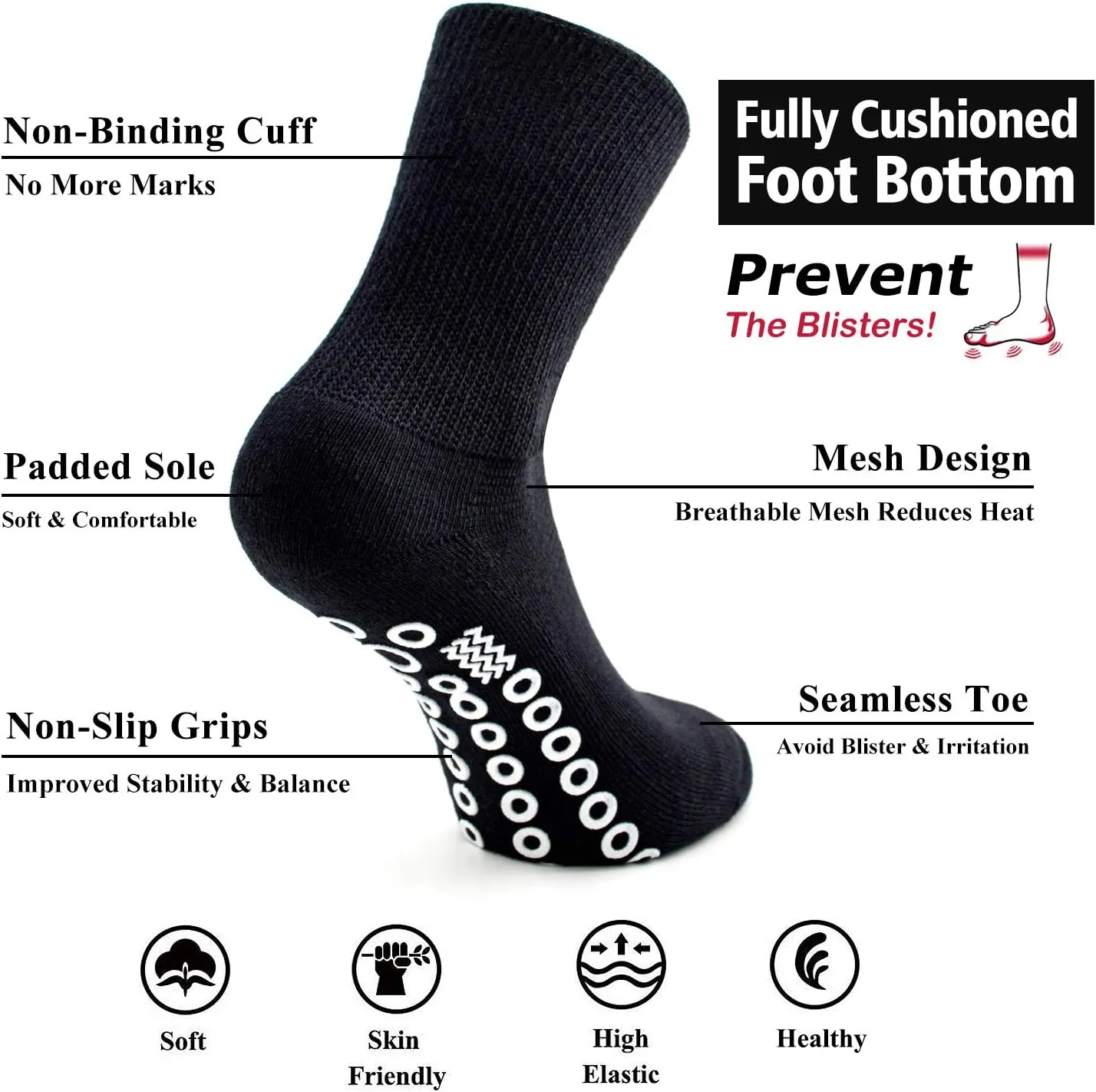 Socks Daze Non-Skid Diabetic Socks for Men Women with Grips, Non-Binding Crew Circulation Half Cushioned Non Slip Socks