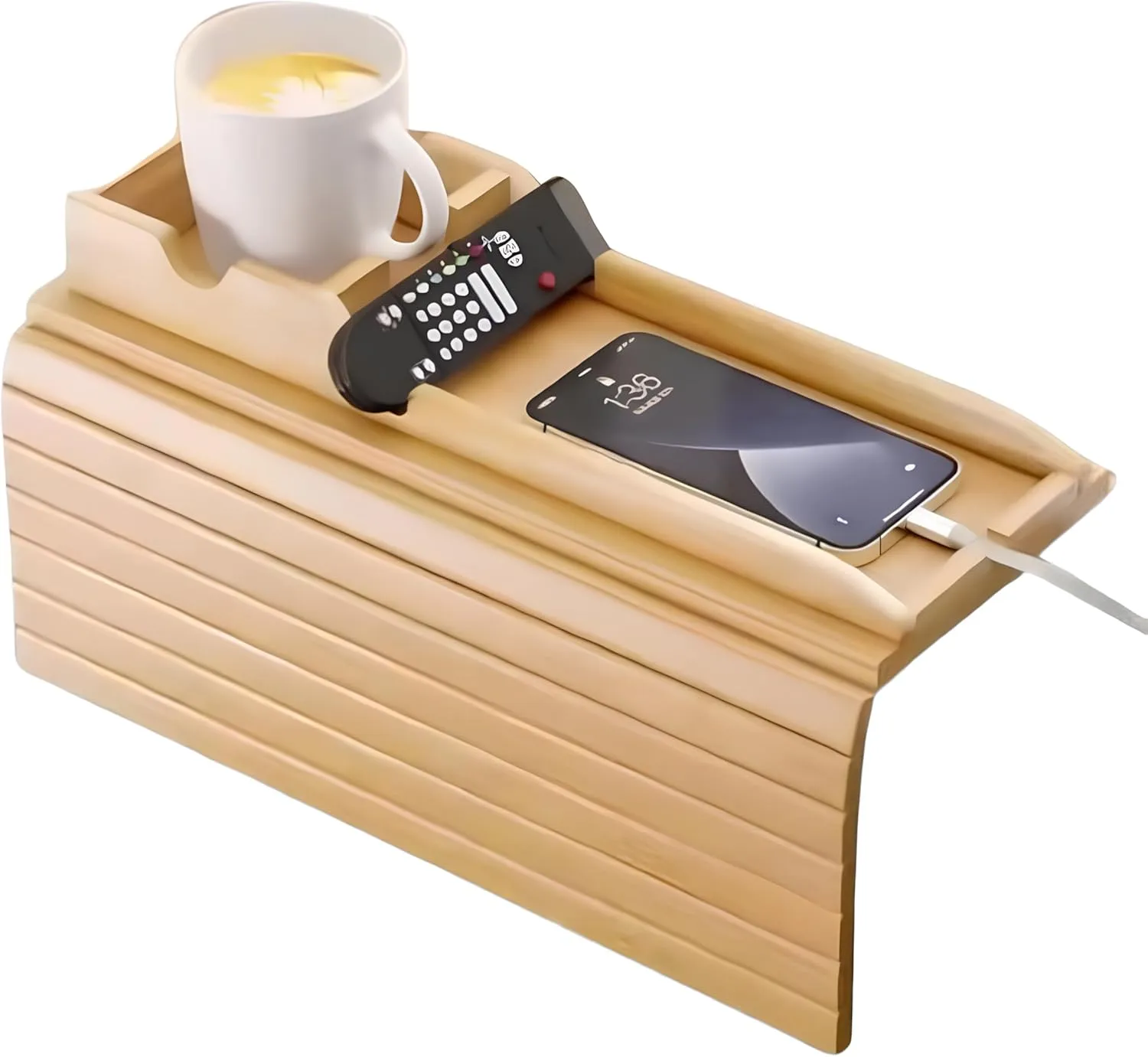 Sofa Armrest Table – Foldable Couch Cup Holder Tray Non-Slip Drink Holder for Couch Wooden Side Table for Mobile, Food, Drink – Fits Most Couches & Recliners (Natural Wood)