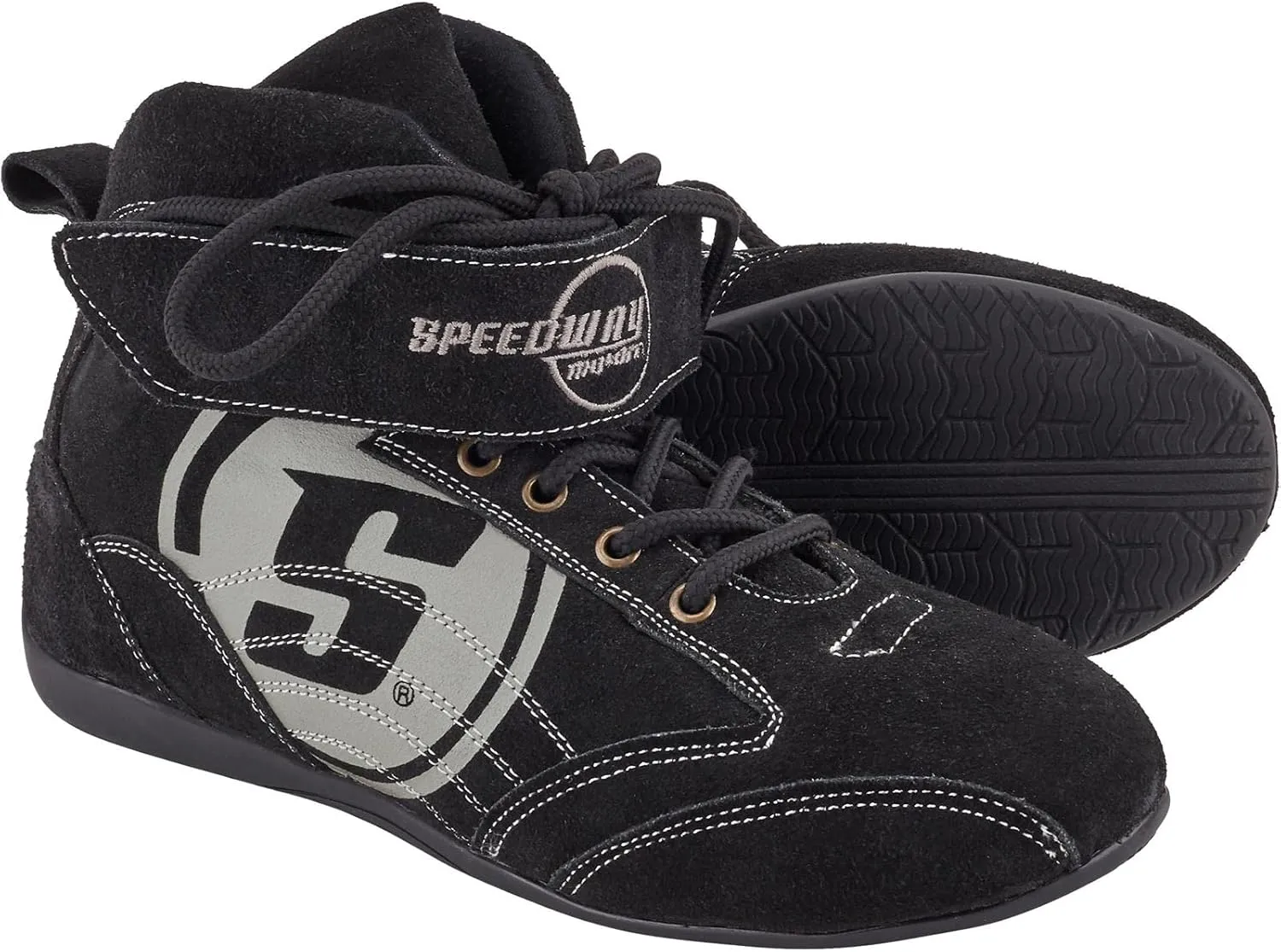 Speedway Motors Viper Mid-Top SFI 3.3/5 Racing Shoes, Size 6: Leather & FRC, Soft Compound Performance Sole, Reinforced Eyelets, Double Stitched, Hook-and-Loop Closure, Black with Gray Logo