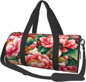 Sports Duffel Bag Chinese-Bulbuls-Peonies Foldable Travel Tote Bag Weekender Sleepover Carry On Bag