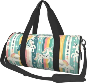 Sports Duffel Bag Cute-One-Horned-Horse-Stripe-Rainbow Foldable Travel Tote Bag Weekender Sleepover Carry On Bag