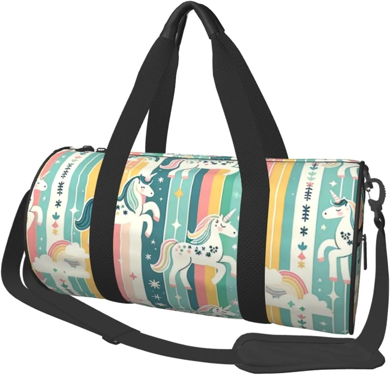 Sports Duffel Bag Cute-One-Horned-Horse-Stripe-Rainbow Foldable Travel Tote Bag Weekender Sleepover Carry On Bag