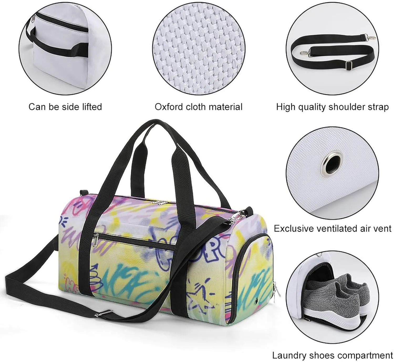 Street Art Graffiti Urban Style Fitness Large Gym Bag for Unisex with Shoe Compartment & Wet Pocket