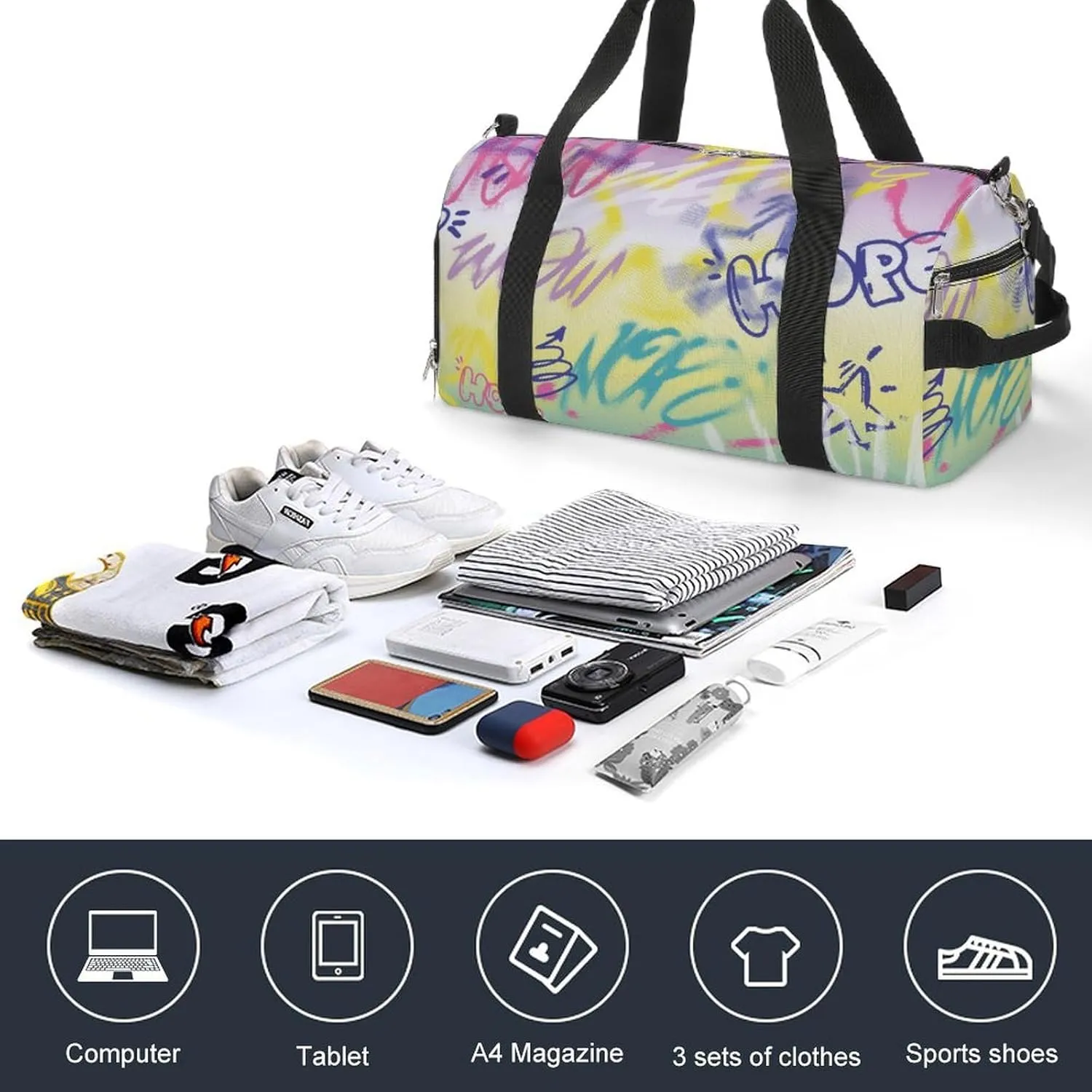 Street Art Graffiti Urban Style Fitness Large Gym Bag for Unisex with Shoe Compartment & Wet Pocket