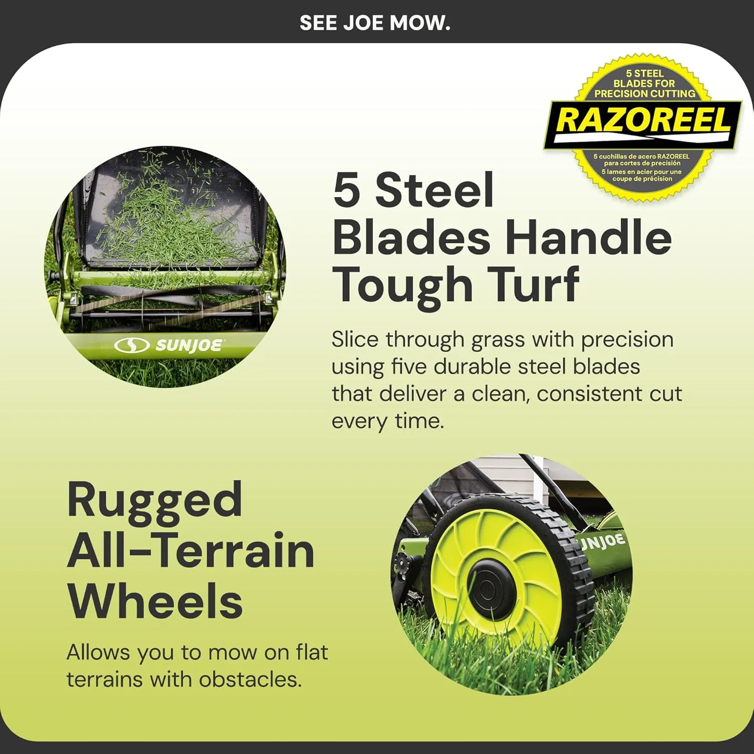 Sun Joe MJ500M 16-Inch Manual Reel Mower w/Adjustable Cutting Height, 6.6-Gallon Removable Grass Catcher, 5 Steel Blades, 2-Wheels