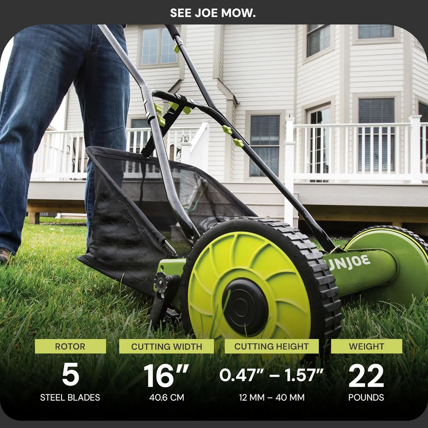 Sun Joe MJ500M 16-Inch Manual Reel Mower w/Adjustable Cutting Height, 6.6-Gallon Removable Grass Catcher, 5 Steel Blades, 2-Wheels