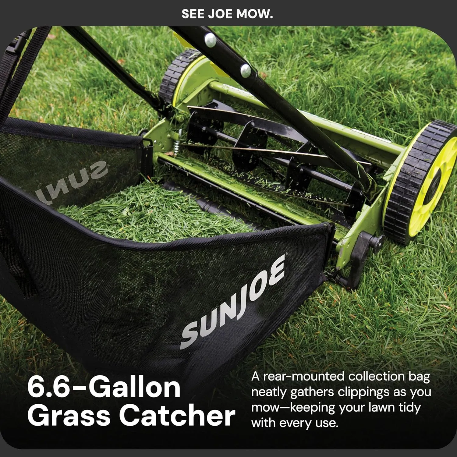 Sun Joe MJ500M 16-Inch Manual Reel Mower w/Adjustable Cutting Height, 6.6-Gallon Removable Grass Catcher, 5 Steel Blades, 2-Wheels