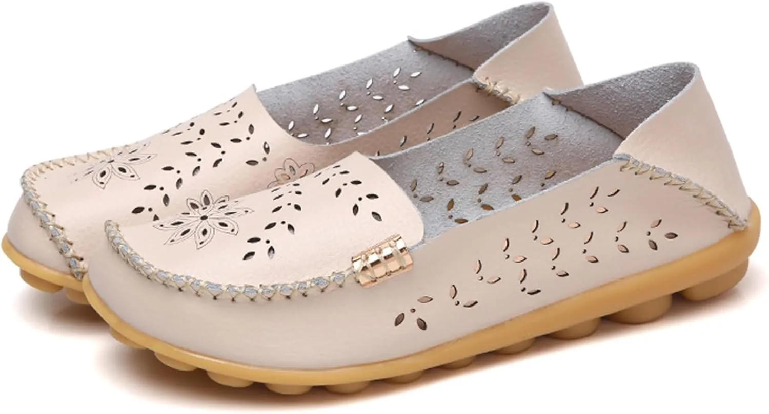 Sunporx Women's Driving Loafers Leather Comfortable Moccasins Breathable Slip On Nurse Loafer Round Toe Wild Walking Fashion Soft Shoes