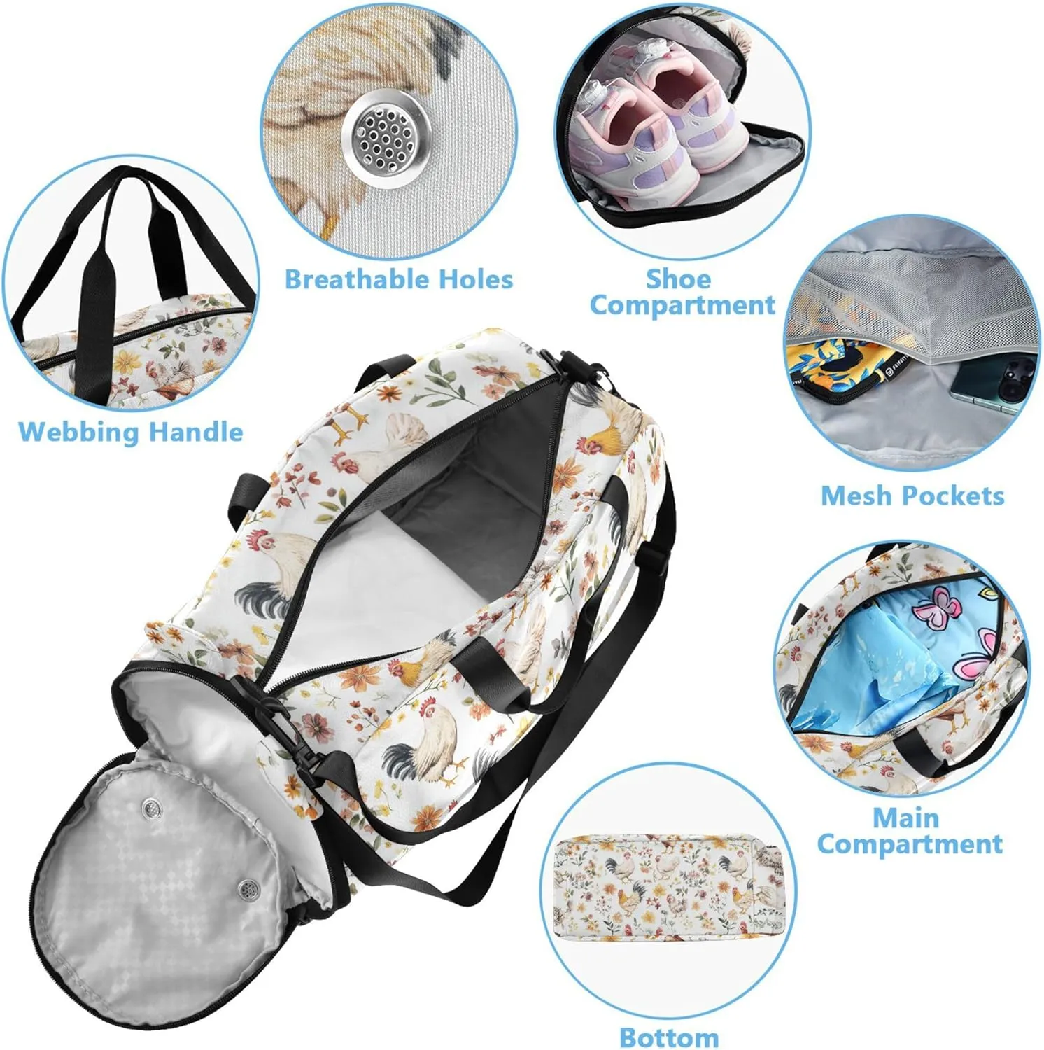 Sweet Chicken White Kids Cute Gym Bag with Shoes Compartment Multifunctional Weekender Overnight Duffel Bag for Boys and Girls