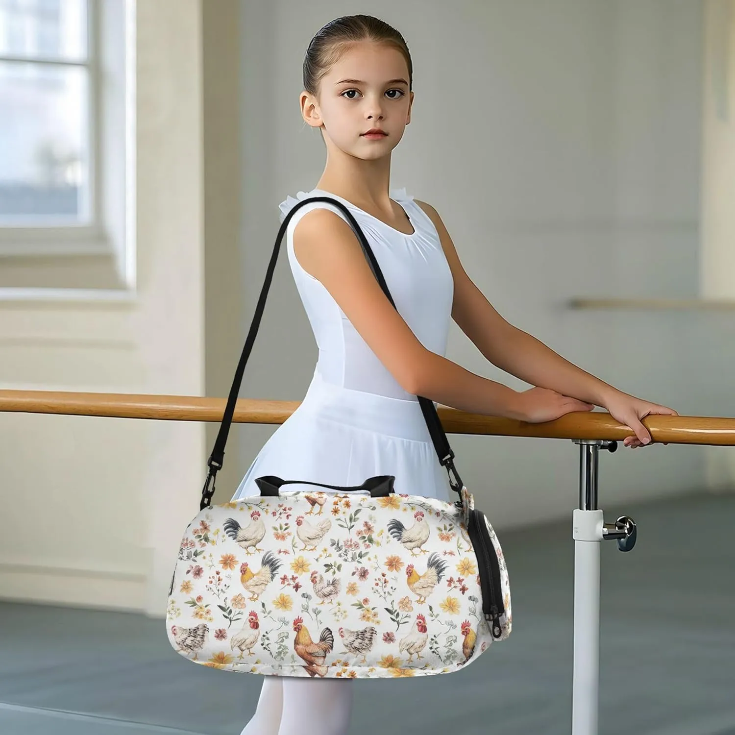 Sweet Chicken White Kids Cute Gym Bag with Shoes Compartment Multifunctional Weekender Overnight Duffel Bag for Boys and Girls