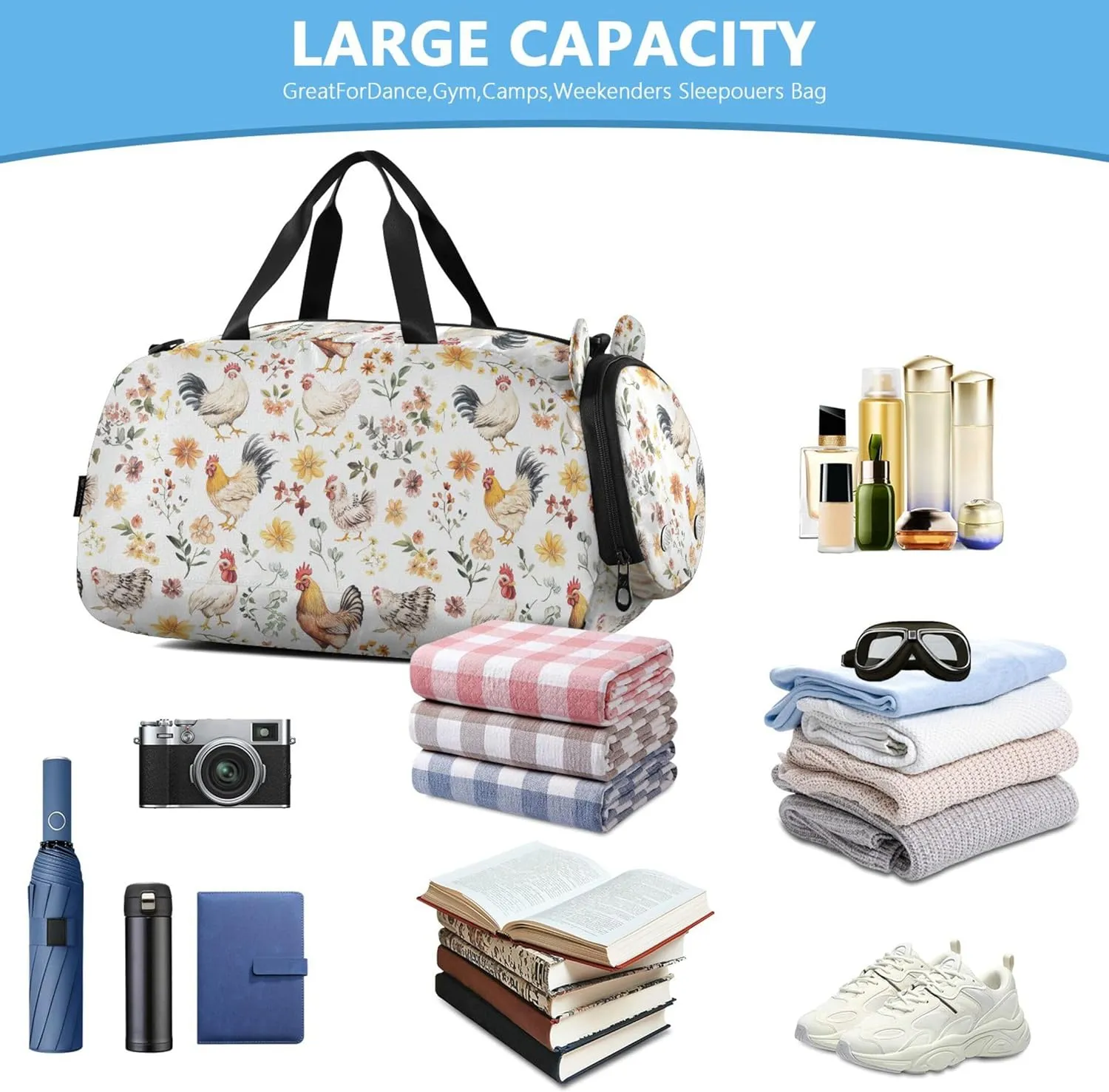 Sweet Chicken White Kids Cute Gym Bag with Shoes Compartment Multifunctional Weekender Overnight Duffel Bag for Boys and Girls