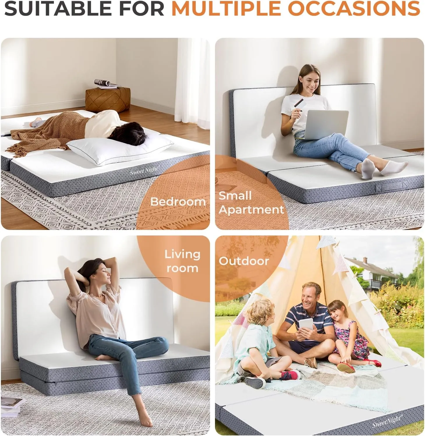 Sweetnight Tri Folding Mattress - 4-inch Foldable Mattress with a Collapsible and Washable Cover | Medium-Firm with Non-Slip Design | Suitable for RV, Camping, Guest （Queen (U.S. Standard)