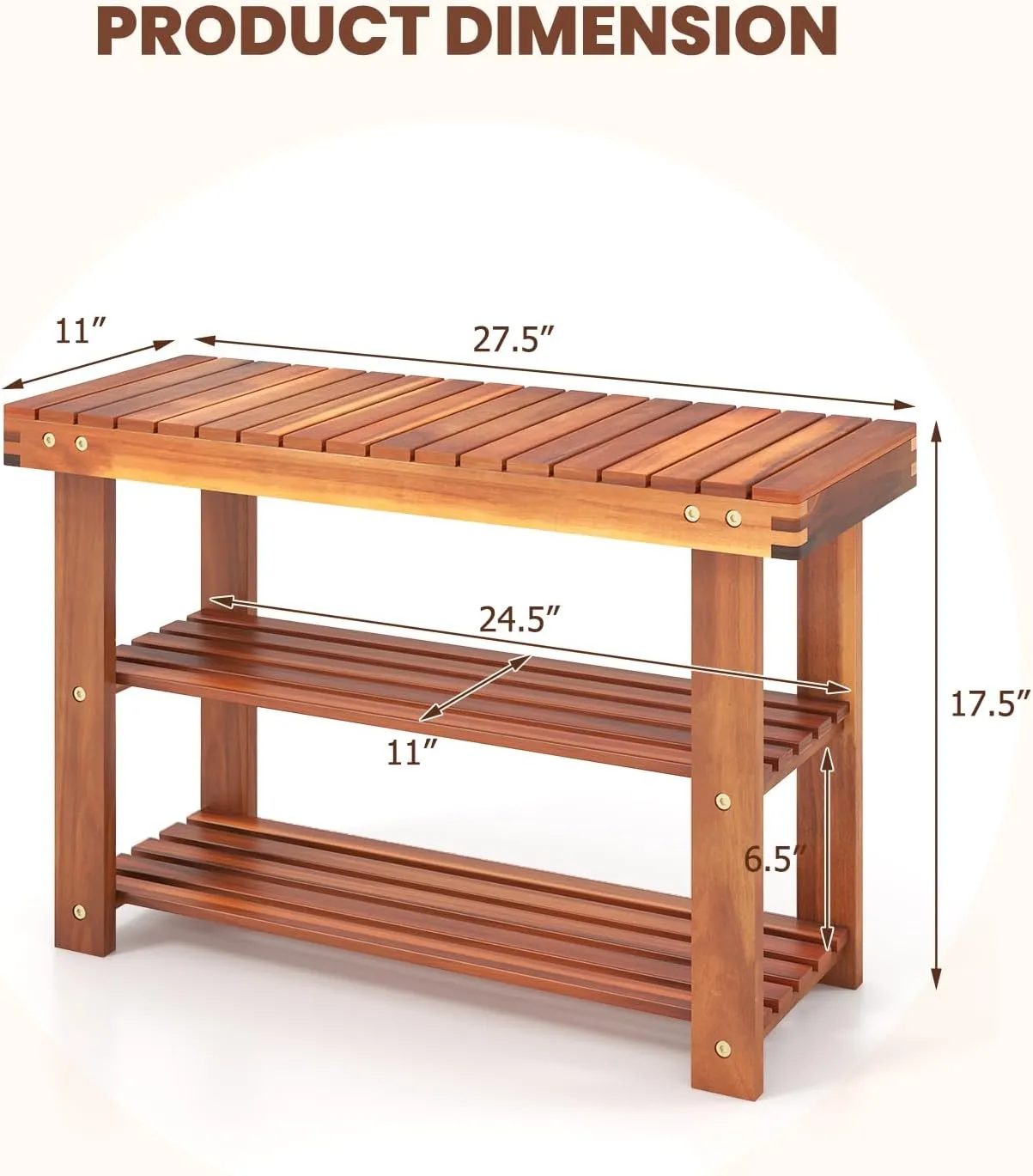 Tangkula Acacia Wood Shoe Rack Bench, 3 Tier Sturdy Storage Organizer, Holds up to 180lbs for Entryway Bedroom Living Room Balcony, Teak Color (27.5-inch)