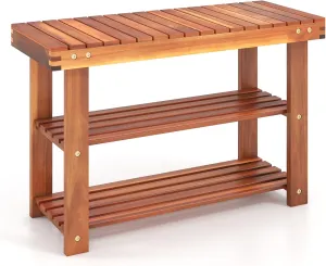 Tangkula Acacia Wood Shoe Rack Bench, 3 Tier Sturdy Storage Organizer, Holds up to 180lbs for Entryway Bedroom Living Room Balcony, Teak Color (27.5-inch)