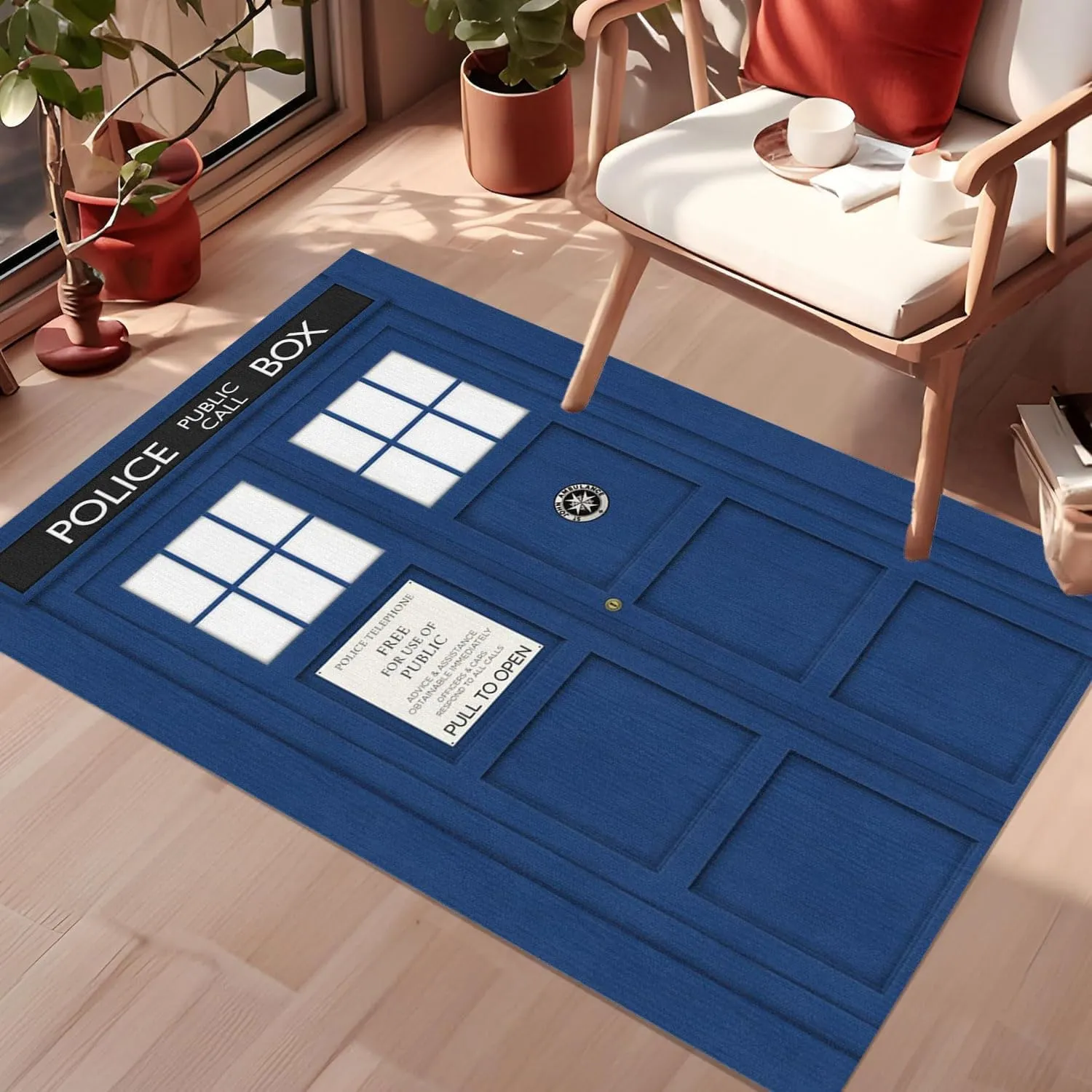 Tardis Police Box Area Rug for Living Room Bedroom Hallway Theater Themed Carpet Retro Movie Room Decorative Blue Rug Nostalgic TV Series Mat Nonslip Machine Washable Bad Wolf Rug